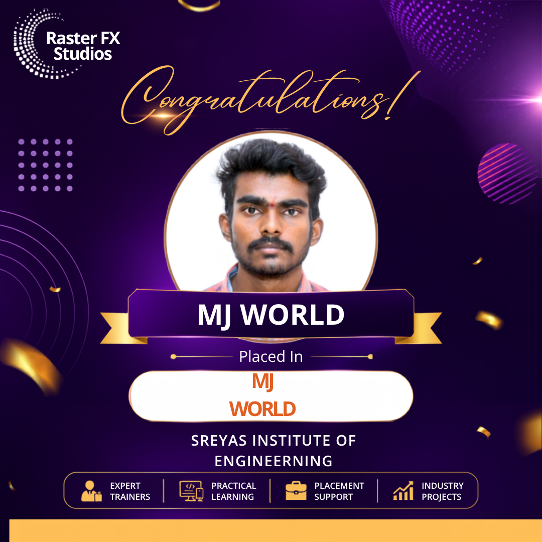 Poster-style celebration image featuring a headshot of a man in a circular frame, a purple-gold banner reading MJ WORLD, and text announcing placement at SREYAS INSTITUTE OF ENGINEERING.