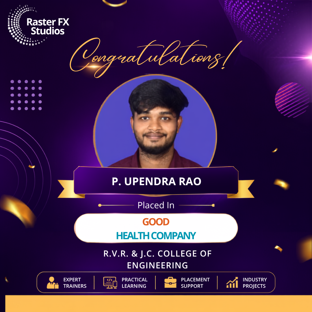 Award poster from Raster FX Studios congratulating P. Upendra Rao, with a photo circle and gold ribbon saying 'P. Upendra Rao' placed in 'Good Health Company' and 'R.V.R. & J.C. College of Engineering'