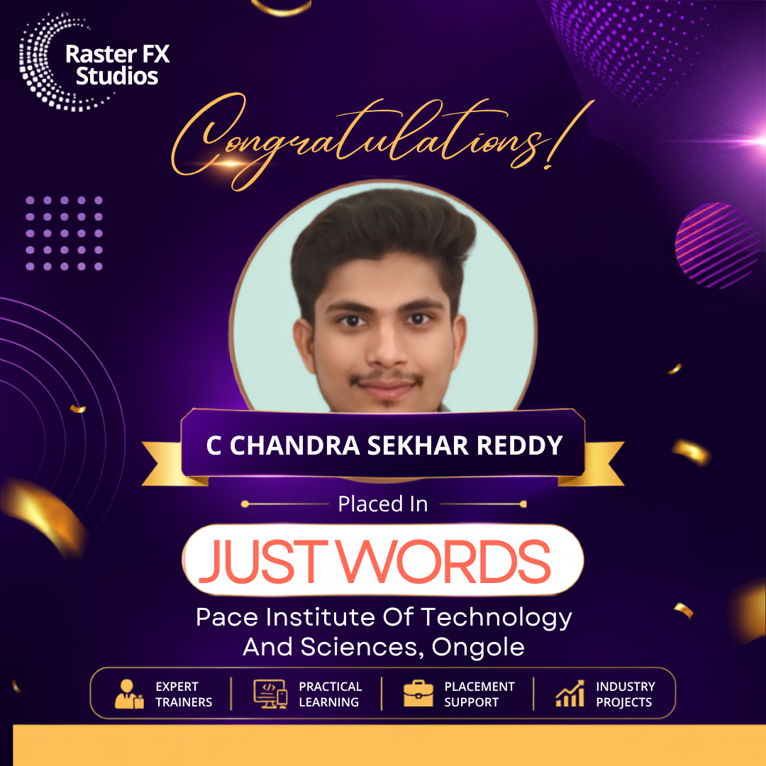 Congratulatory poster featuring a portrait of C Chandra Sekhar Reddy with a gold ribbon banner and 'Placed In JUST WORDS' at Pace Institute of Technology and Sciences, Ongole, on a purple-gold background.