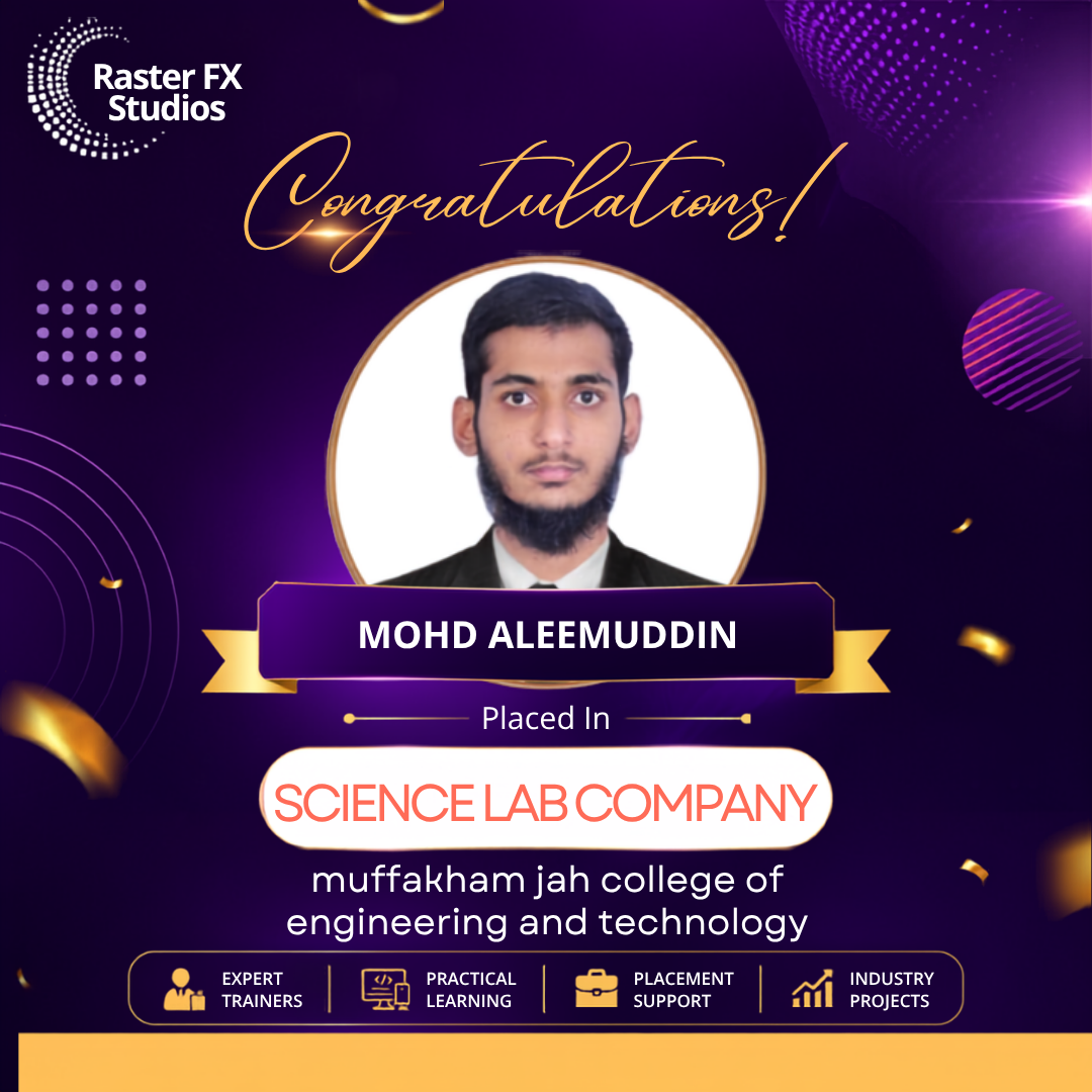 Congratulatory poster featuring Mohd Aleemuddin's portrait and text announcing placement at Science Lab Company on a purple-gold background