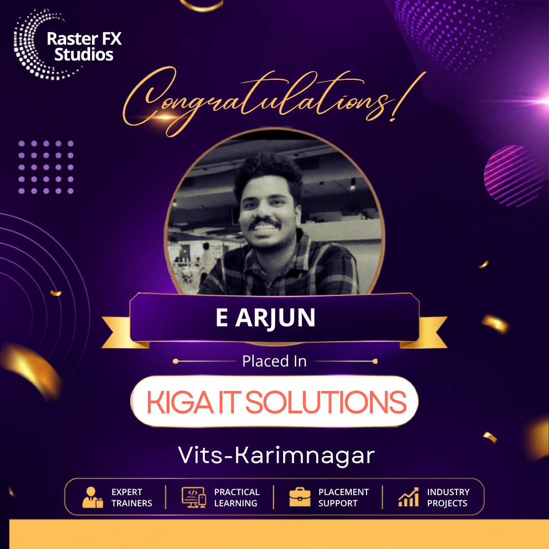 Congratulatory poster featuring a circular photo of E Arjun and a gold banner reading 'E ARJUN' announcing placement at Kigait Solutions, Vits-Karimnagar on a purple celebration background.