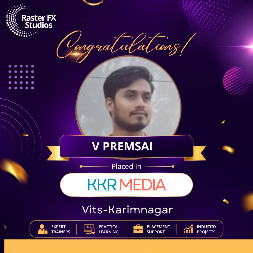 Poster announcing winner: 'Congratulations!' with a circular photo of a man, name 'V PREMSAI', placed in 'KKR MEDIA', Vits-Karimnagar, purple-gold celebratory design.