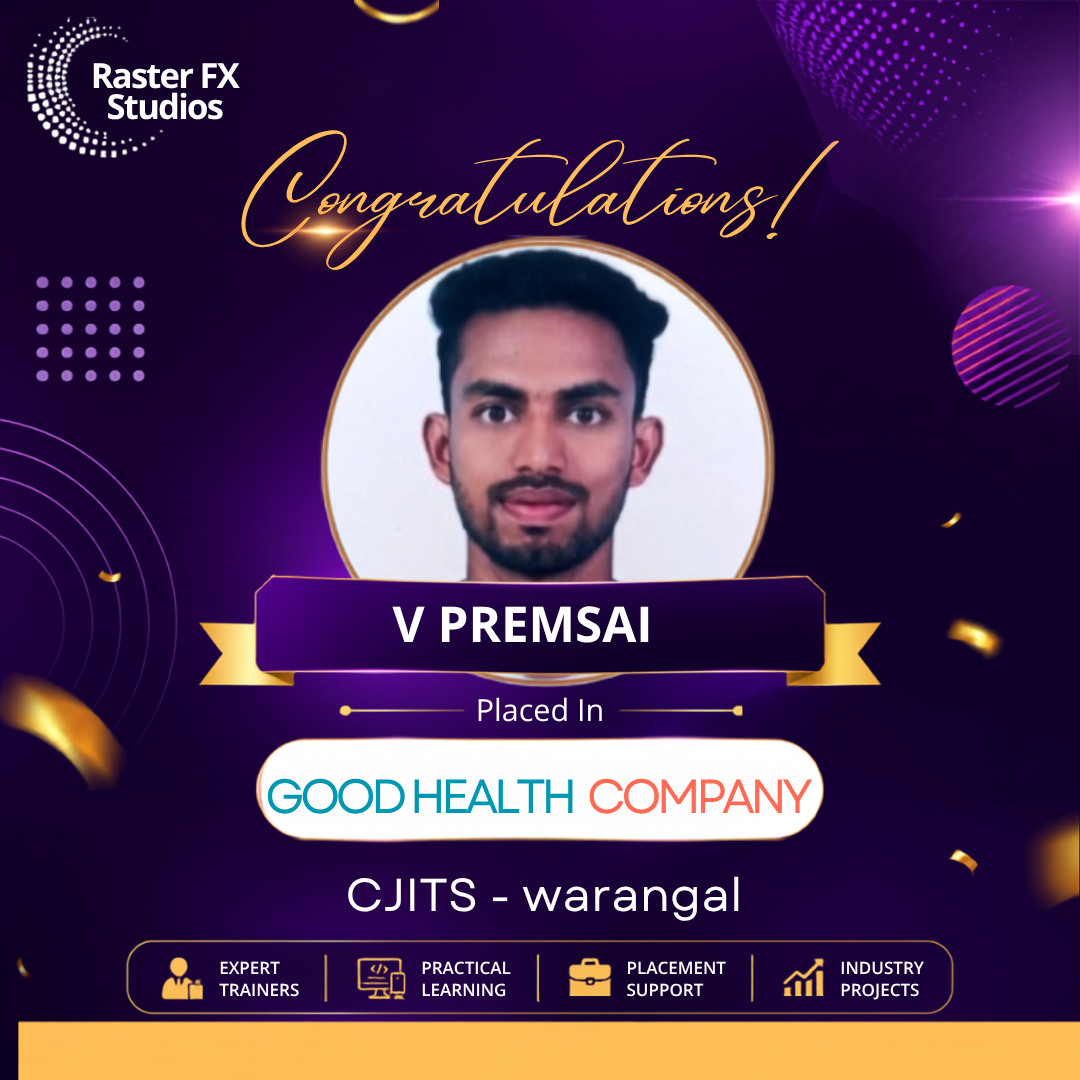Portrait photo framed in gold on a purple celebratory poster announcing V PREMSAI's placement at Good Health Company CJTS Warangal.
