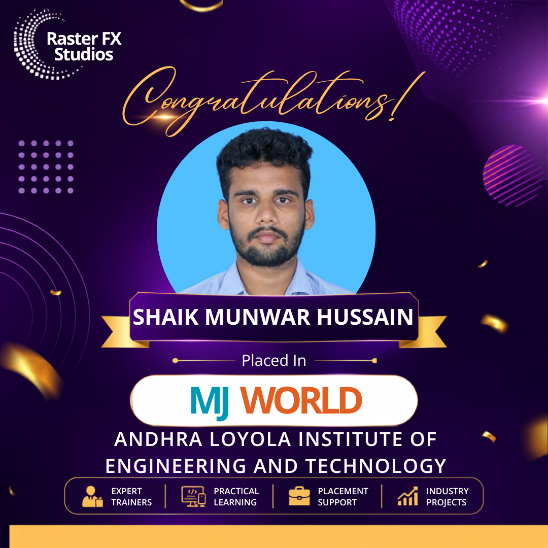 Congratulatory poster featuring Shaik Munwar Hussain’s portrait and announcement of placement at MJ World.
