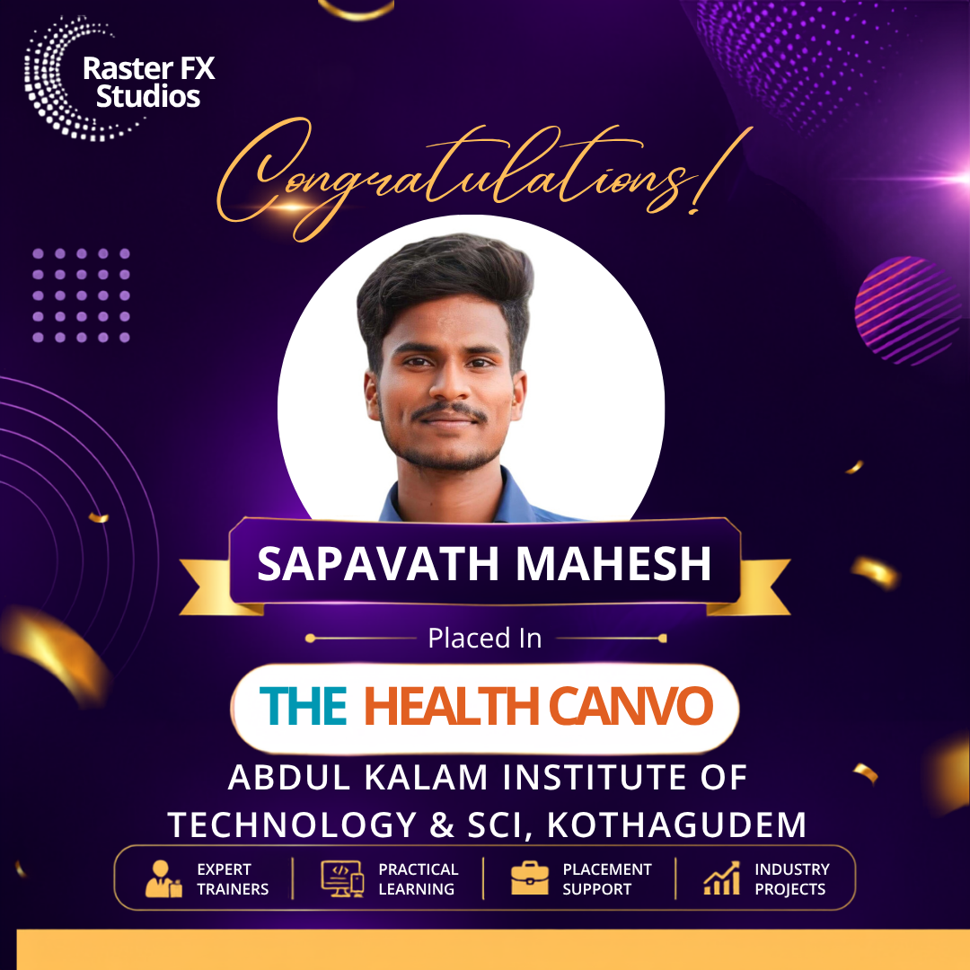 Celebration poster with a young man's portrait in a white circle, gold script 'Congratulations', and a purple ribbon banner reading 'SAPAVATH MAHESH'—placed in The Health Canvo at Abdul Kalam Institute of Technology & SCI, Kothagudem.