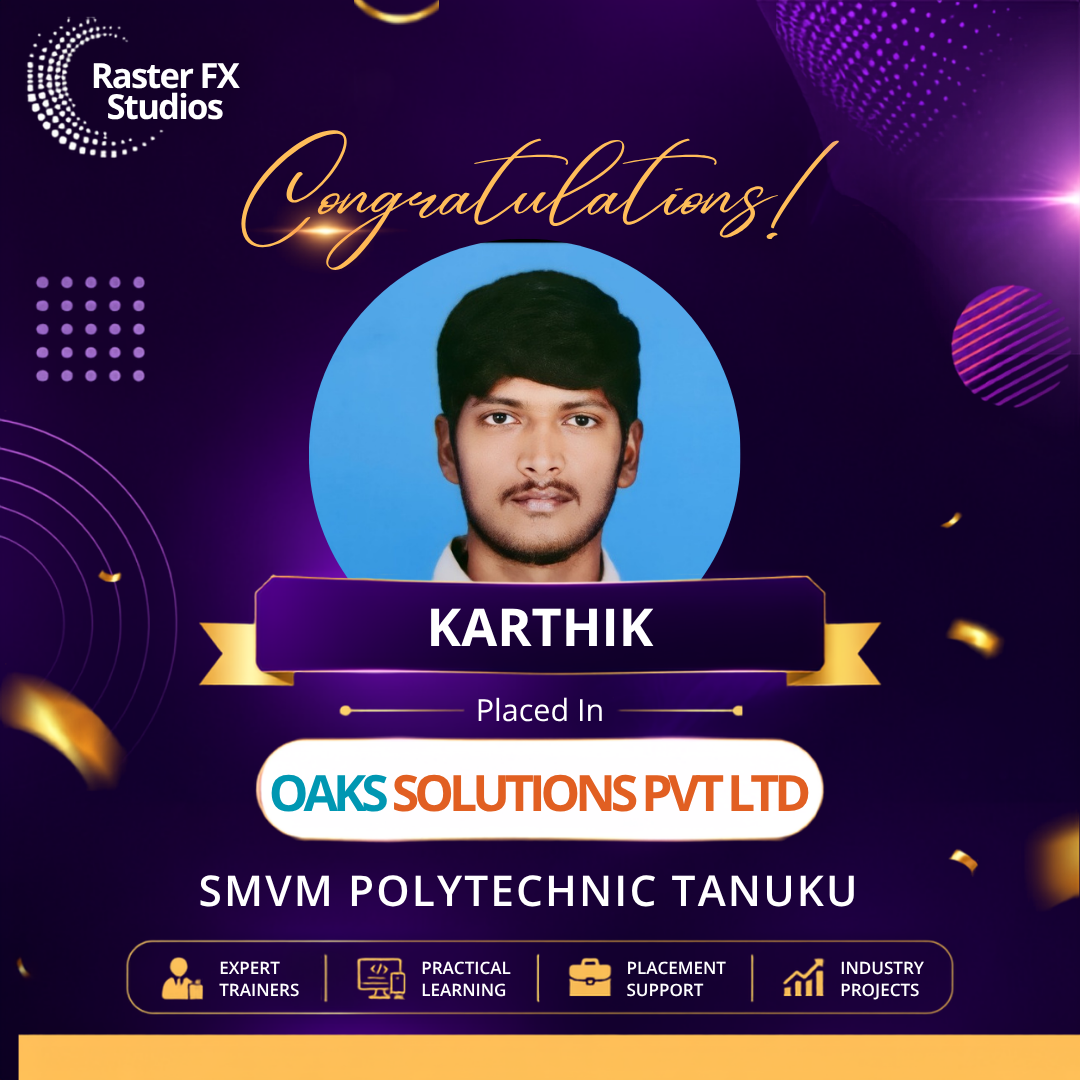Congratulatory poster featuring Karthik's portrait and text noting placement at Oaks Solutions Pvt Ltd, with a purple decorative background.
