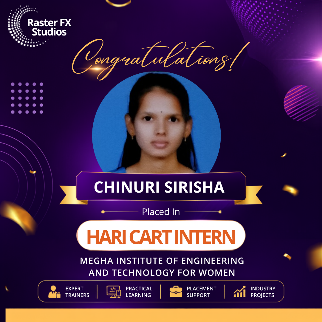 Congratulatory poster with a circular portrait of a woman on a blue background, bold gold 'Congratulations' text, and a ribbon announcing placement at a tech institute.