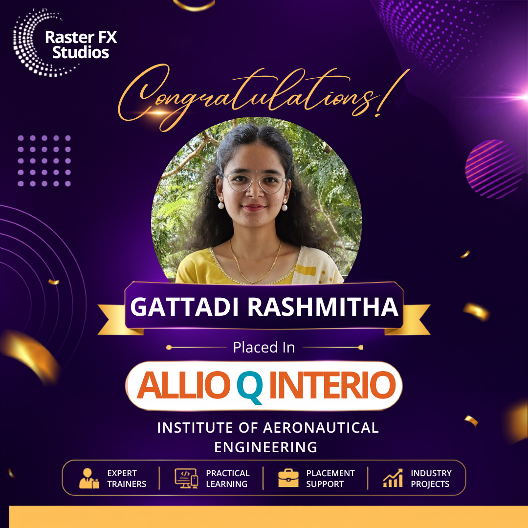 Celebration poster featuring a circular photo of Gattadi Rashmitha, a gold 'Congratulations!' script, and her name on a banner with 'Placed In ALLIQ INTERIOR INSTITUTE OF AERONAUTICAL ENGINEERING' under it, plus achievement icons at the bottom.