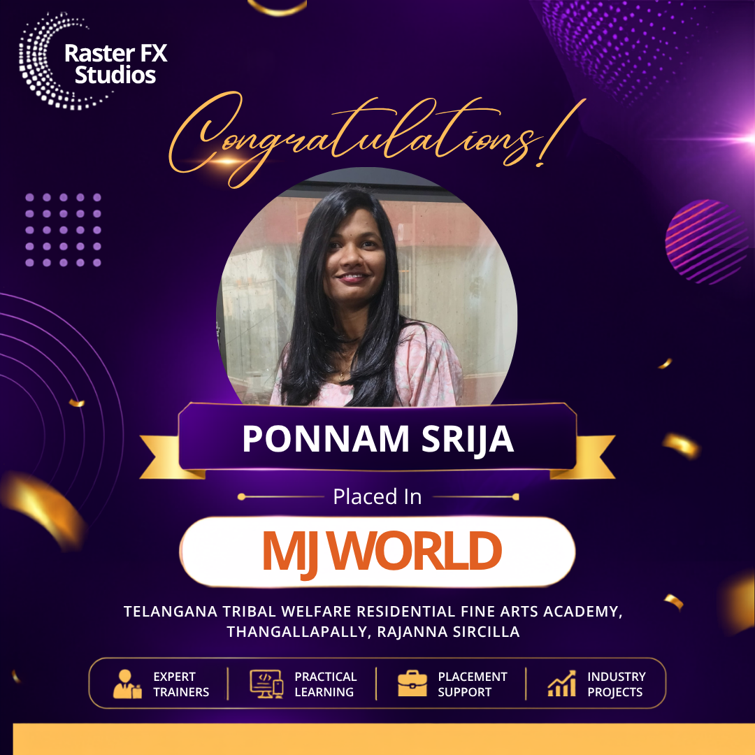 Certificate-style poster announcing Ponnam Srija placed in MJ World, with portrait photo and gold ribbon on a purple background.