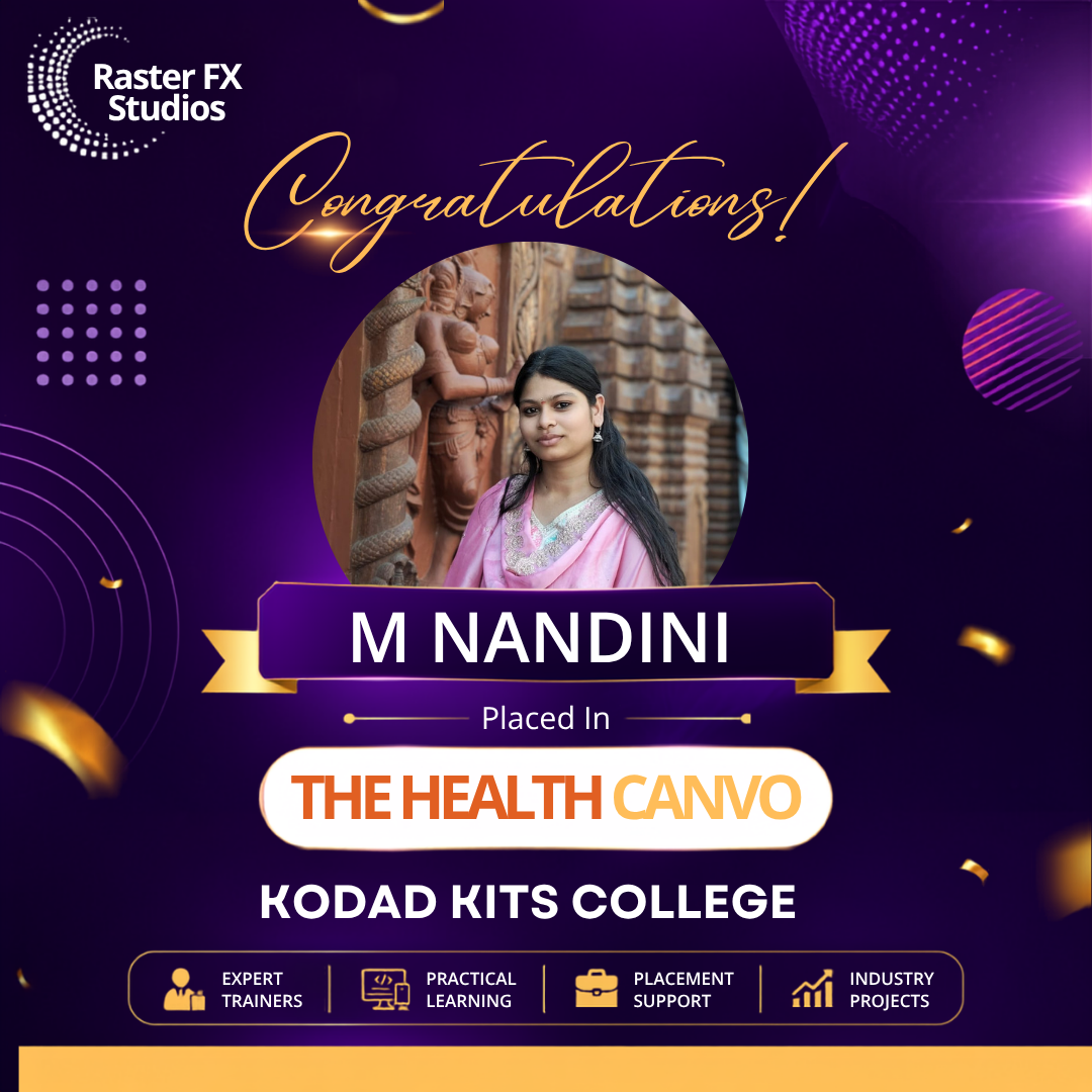 Celebration banner with Raster FX Studios logo, 'Congratulations' script, circular photo of M. Nandini in a pink saree, and text 'Placed In The Health Canvas, Kodad Kits College'.