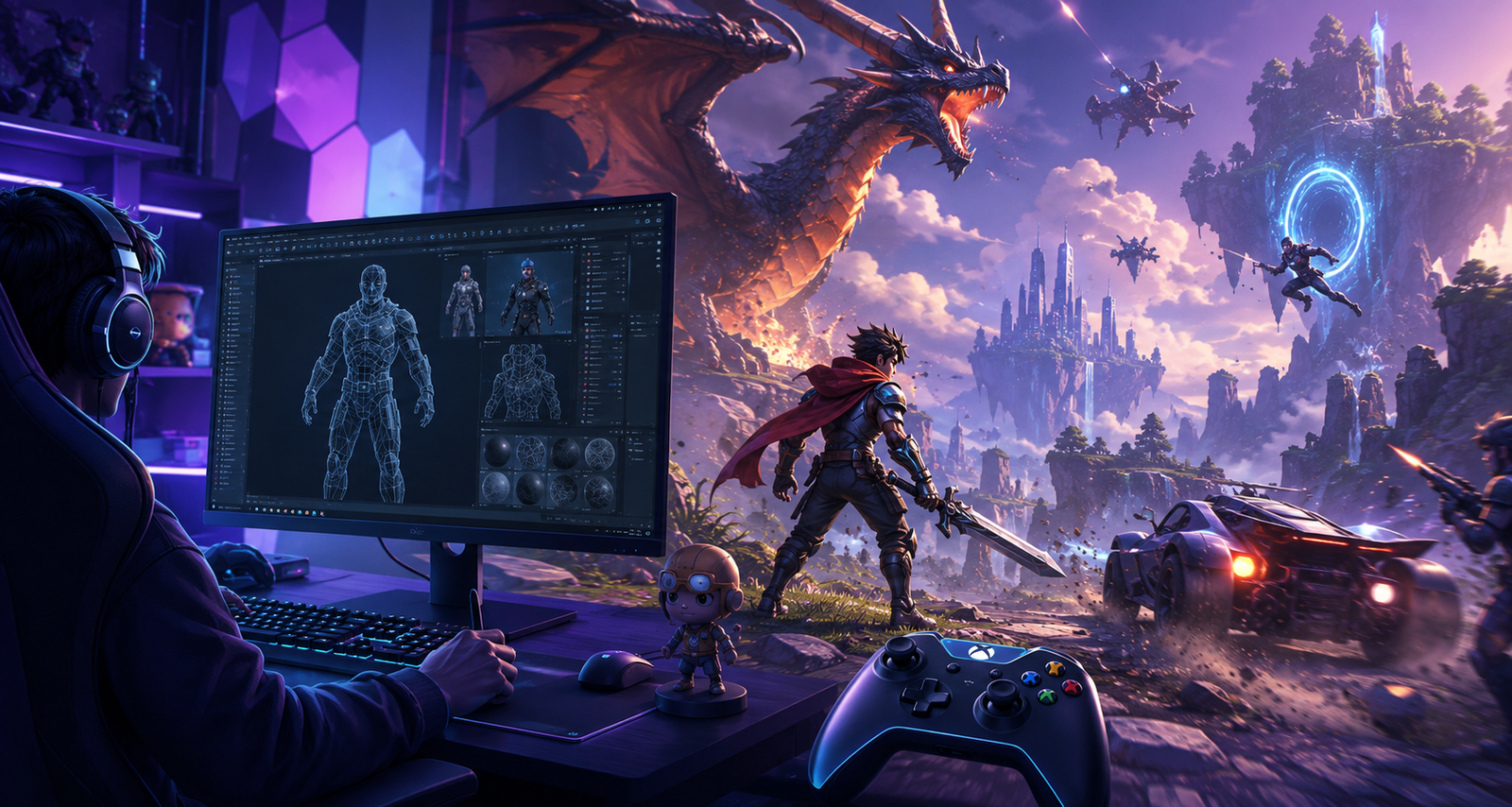 A gamer at a desk designs 3D characters on a large monitor while a fantasy battle scene looms in the background, including a dragon and armored warriors.