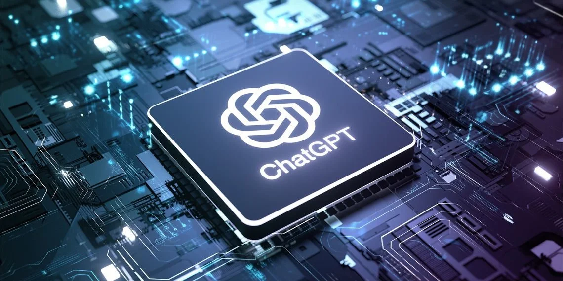 Chip with ChatGPT logo on a futuristic circuit board, representing AI processing.