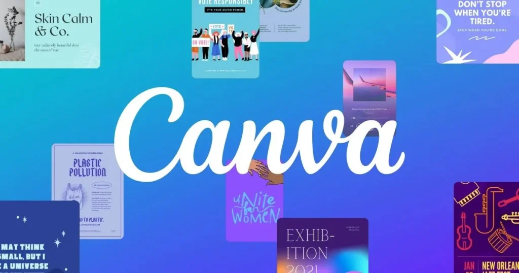 Canva logo centered on a blue gradient background with colorful poster tiles around it on the edges.