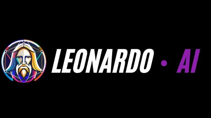 Colorful circular emblem of Leonardo on the left, with bold white 'LEONARDO' and purple 'AI' on a black background.