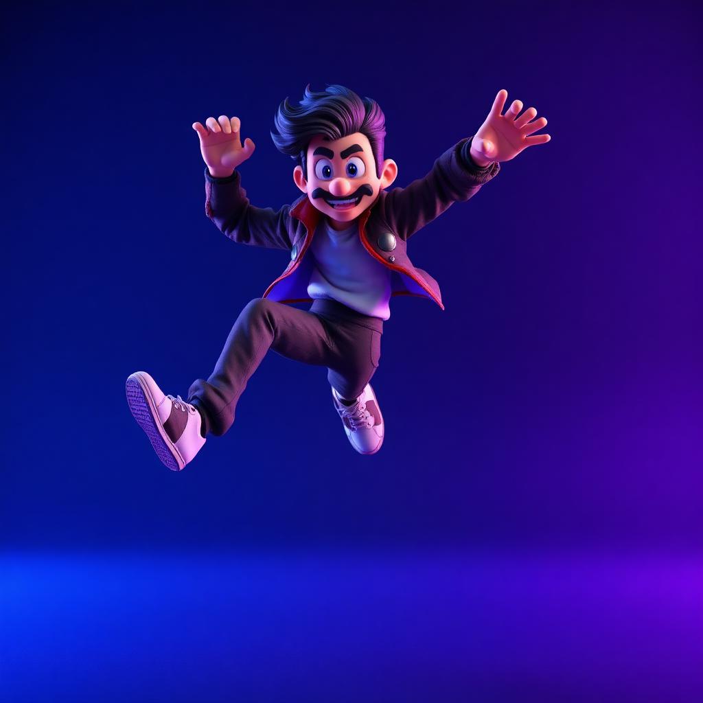 Cartoon man with a mustache jumps mid-air against a blue-purple gradient, wearing a red jacket and sneakers.