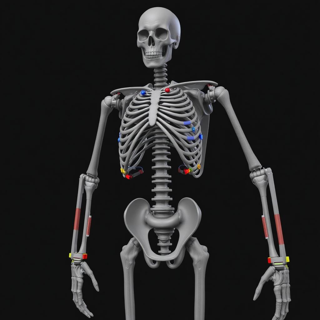 Full human skeleton model with color-coded markers on joints against a black background.