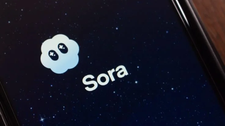 Sora logo: a white cloud icon with two star-shaped eyes beside the word Sora on a dark, starry background.