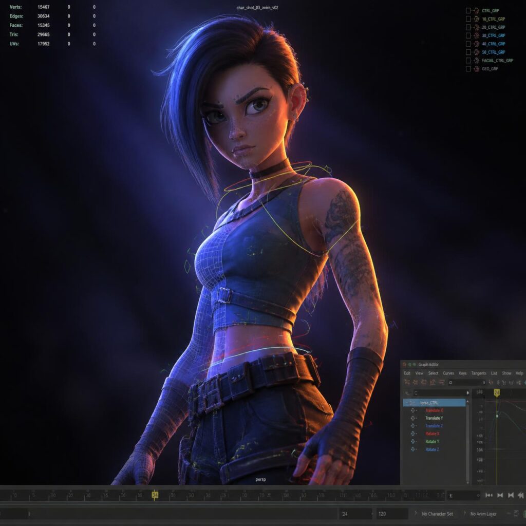 3D-rendered female character with blue hair in a neon-lit, dark studio, wearing a cropped vest and gloves, with 3D software UI visible in the background.