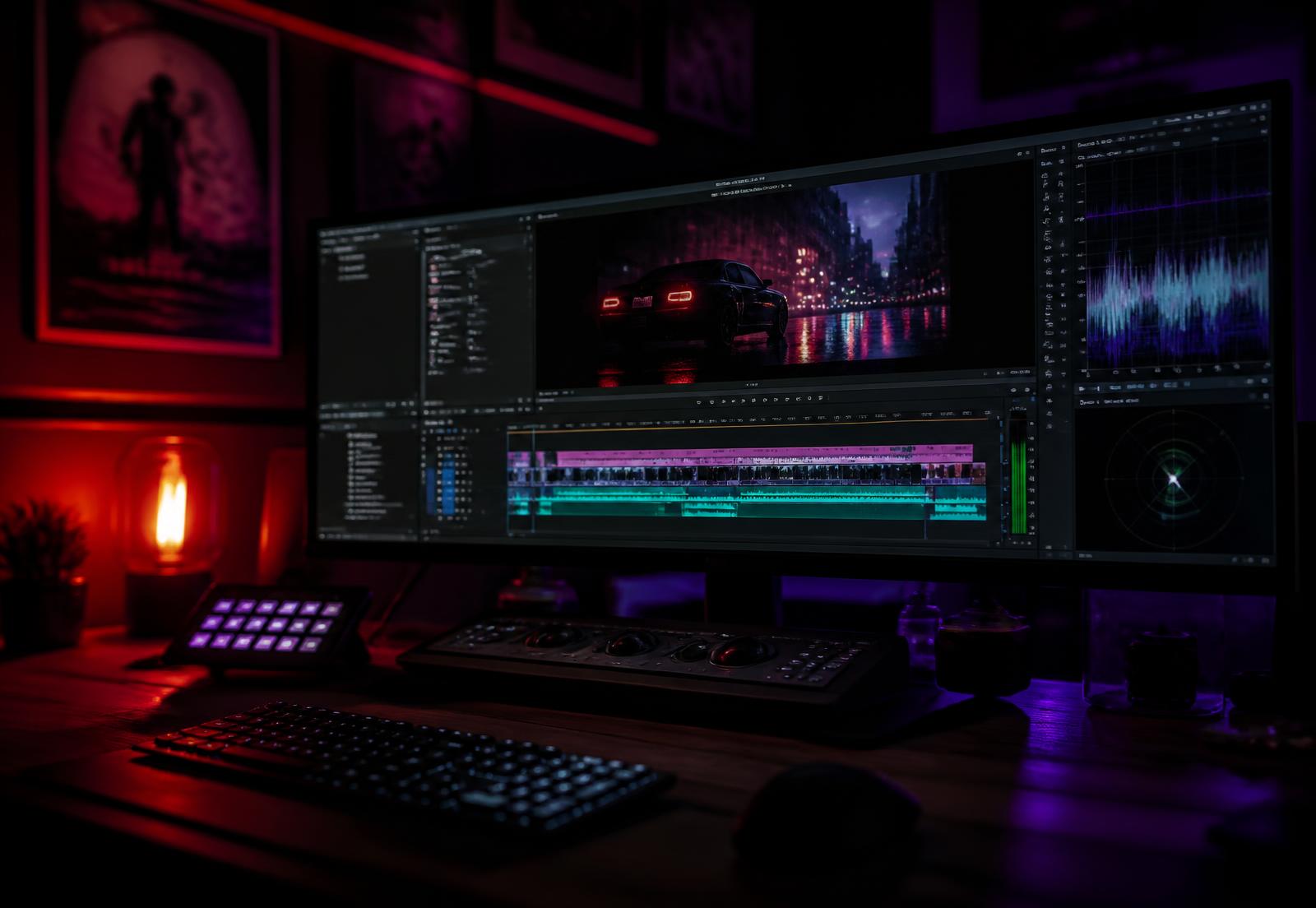 Night-mode video editing desk: a large monitor shows a multi-track timeline of a neon-lit car scene, with a control surface and purple-red ambient lighting.