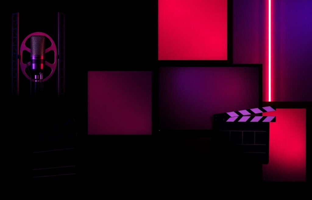 Dark recording studio lit by pink and purple neon panels; a microphone on a stand is visible on the left and a clapperboard sits on the right.