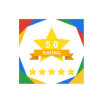 Gold star rating badge with an orange ribbon saying '5.0 RATING', surrounded by multicolored corner shapes.