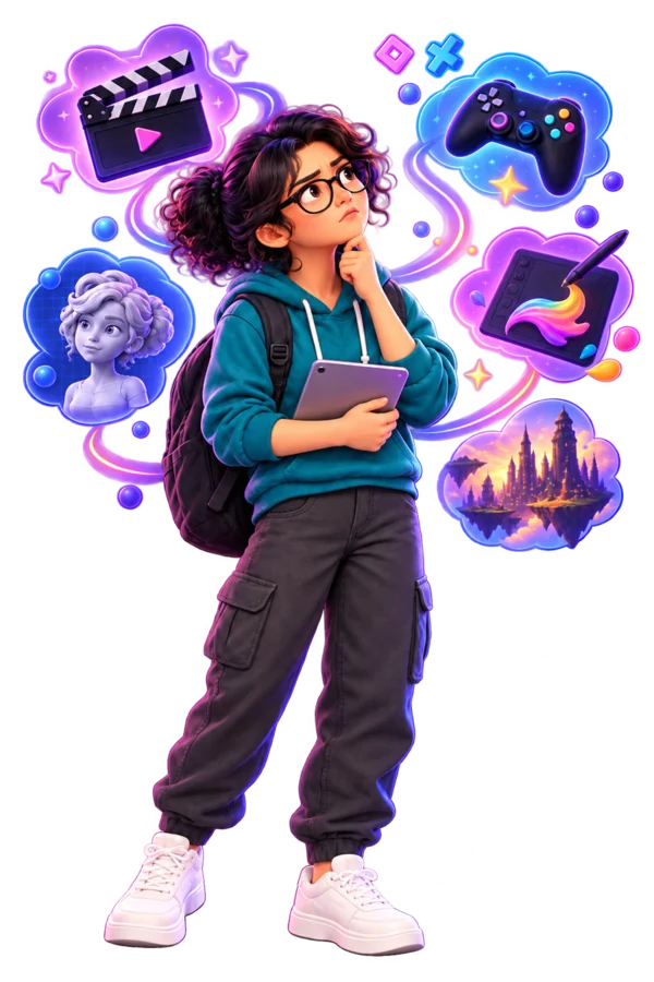 Creative student considering animation, VFX, gaming and design career paths