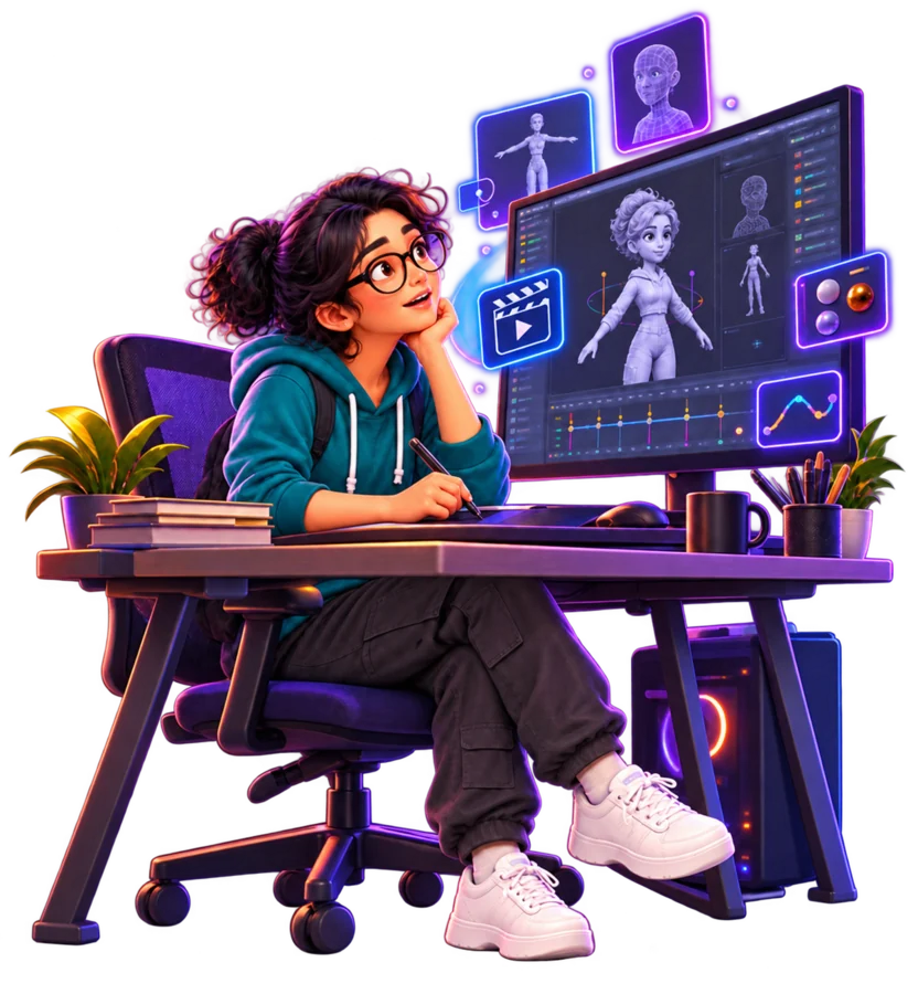 Student learning animation and 3D design at a creative workstation