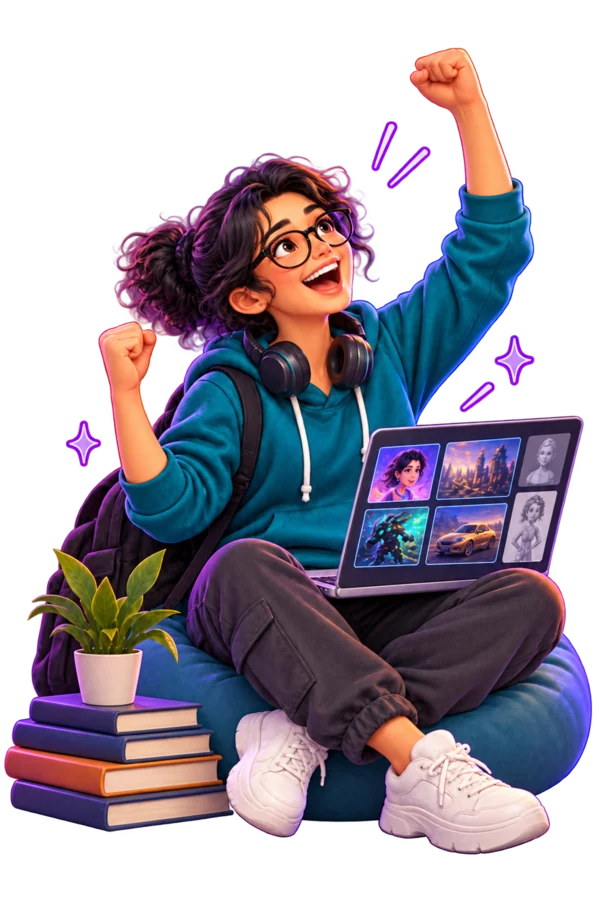 Student celebrating a completed portfolio